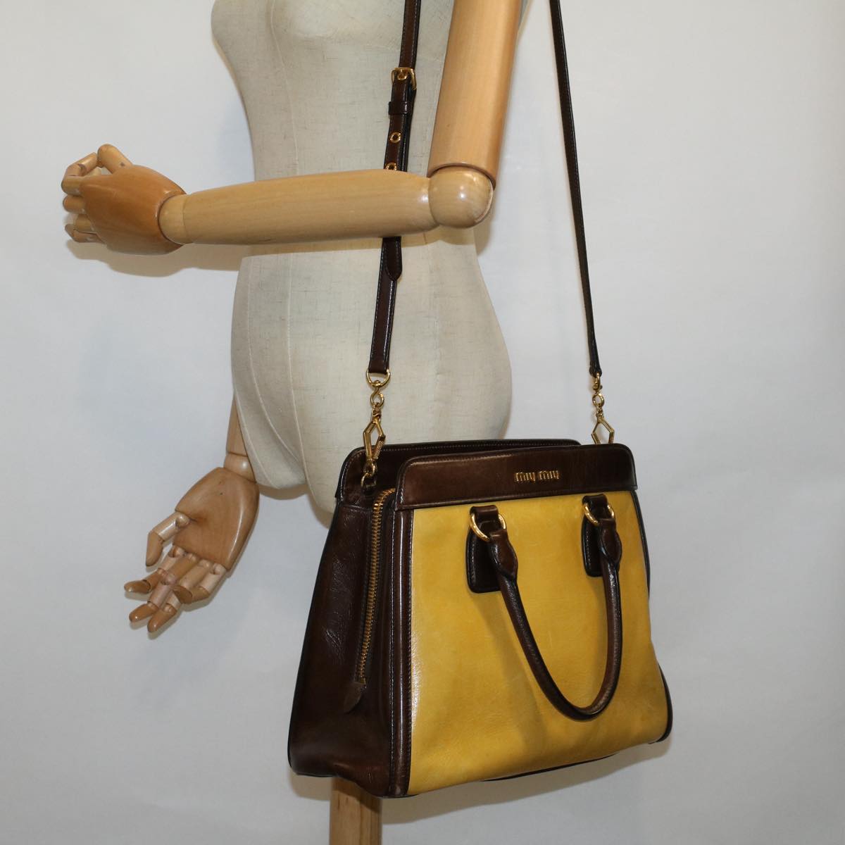 Miu Miu Shoulder Bag Vitello Shine Leather 2way Yellow Brown Auth bs8888