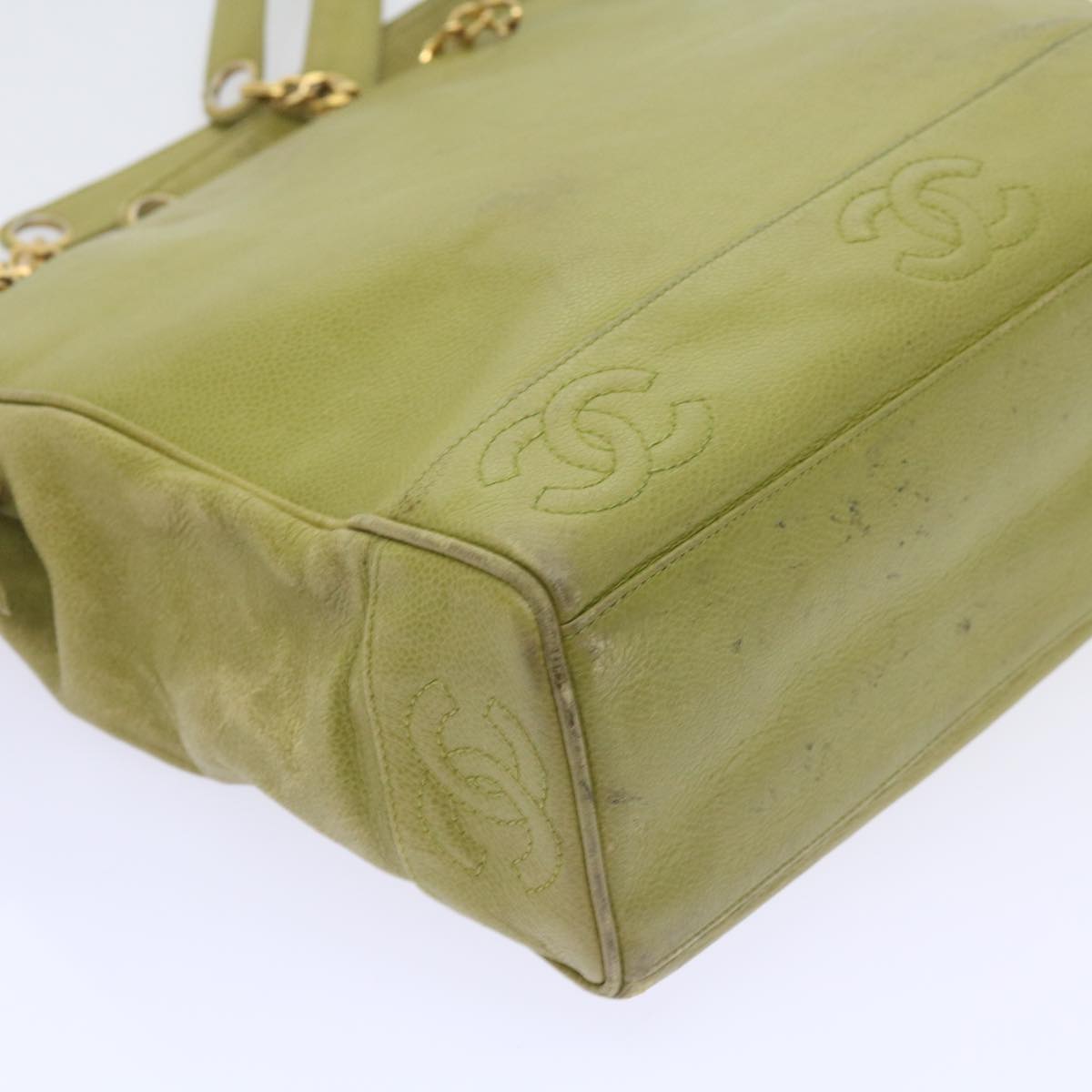 CHANEL Chain Shoulder Bag Caviar Skin Green CC Auth bs8909