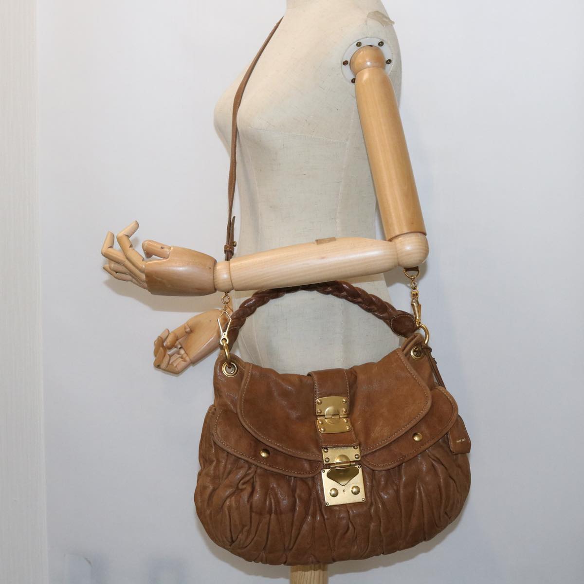 Miu Miu Shoulder Bag Leather 2way Brown Auth bs8972