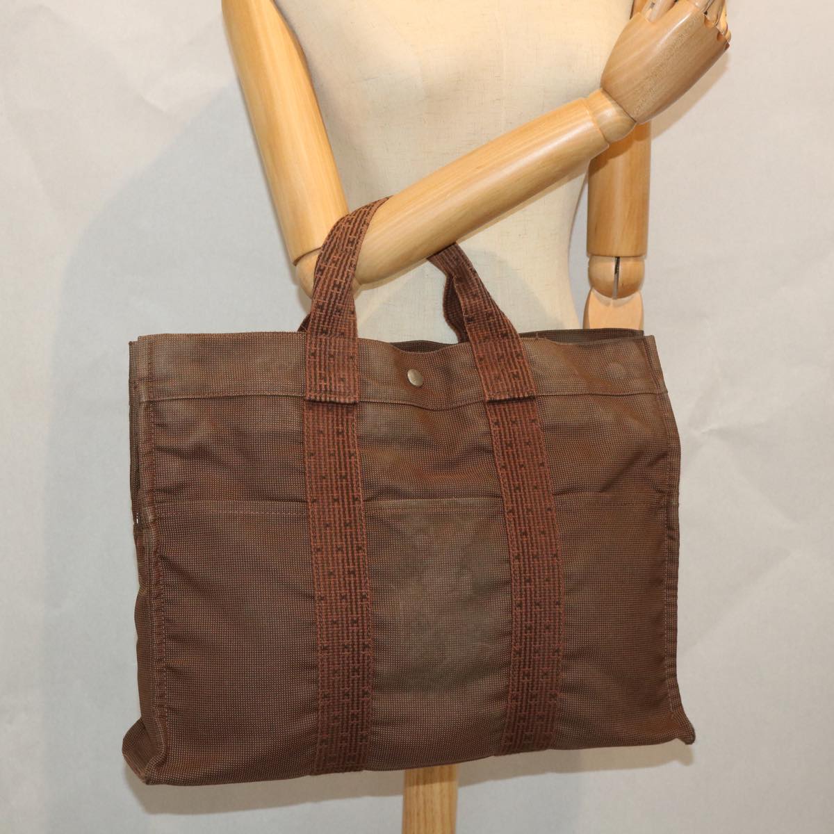 HERMES Her Line MM Hand Bag Canvas Brown Auth bs9094