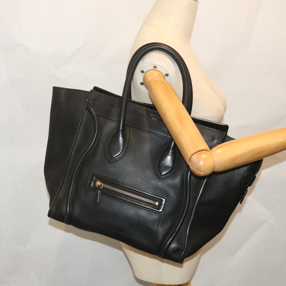 CELINE Luggage Tote Bag Leather Black Auth bs9159