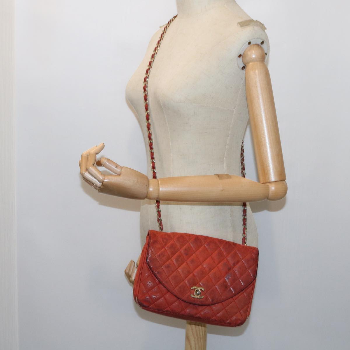 CHANEL Matelasse Chain Shoulder Bag Lamb Skin Orange CC Auth bs9166