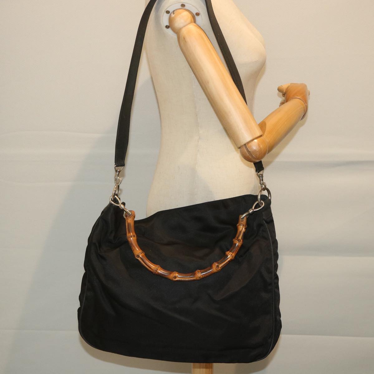 GUCCI Bamboo Shoulder Bag Nylon 2way Black Auth bs9242