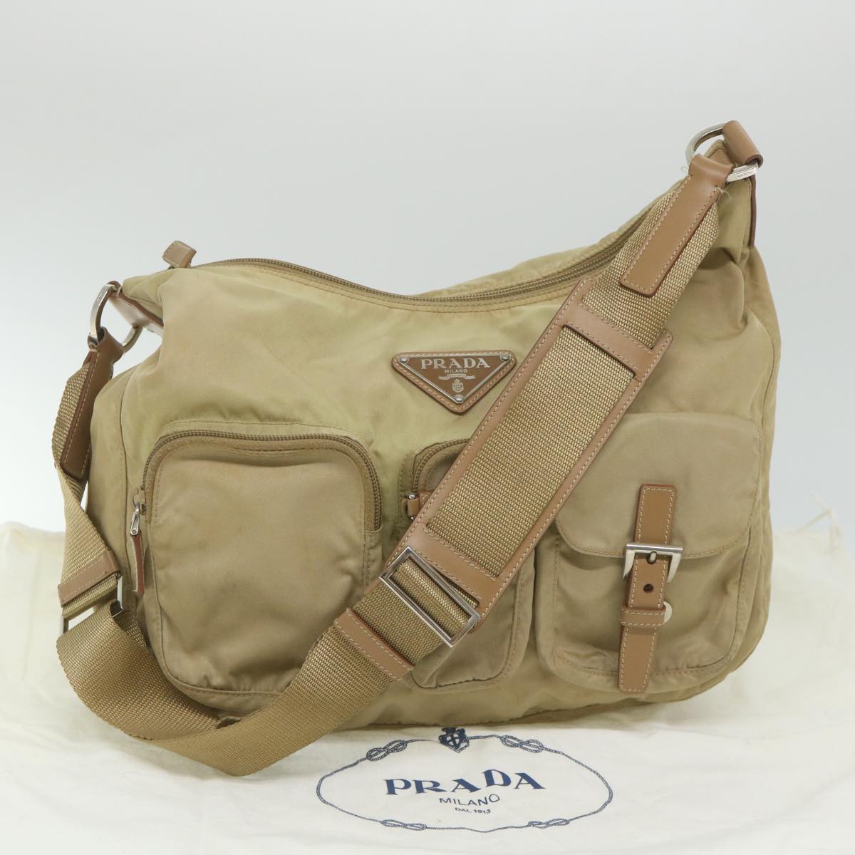 PRADA Shoulder Bag Nylon Beige Auth bs9484