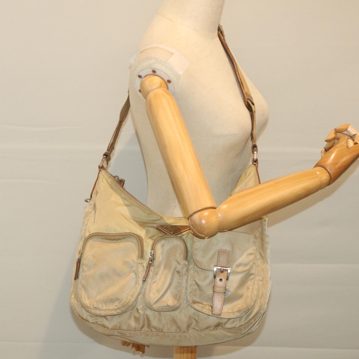 PRADA Shoulder Bag Nylon Beige Auth bs9484