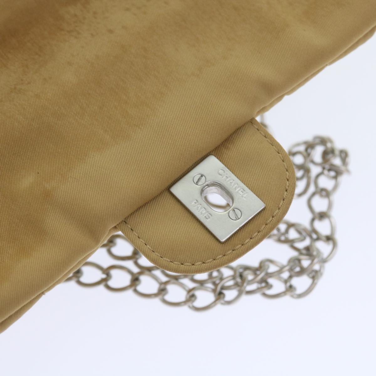 CHANEL Choco Bar Chain Shoulder Bag Nylon Beige CC Auth bs9702