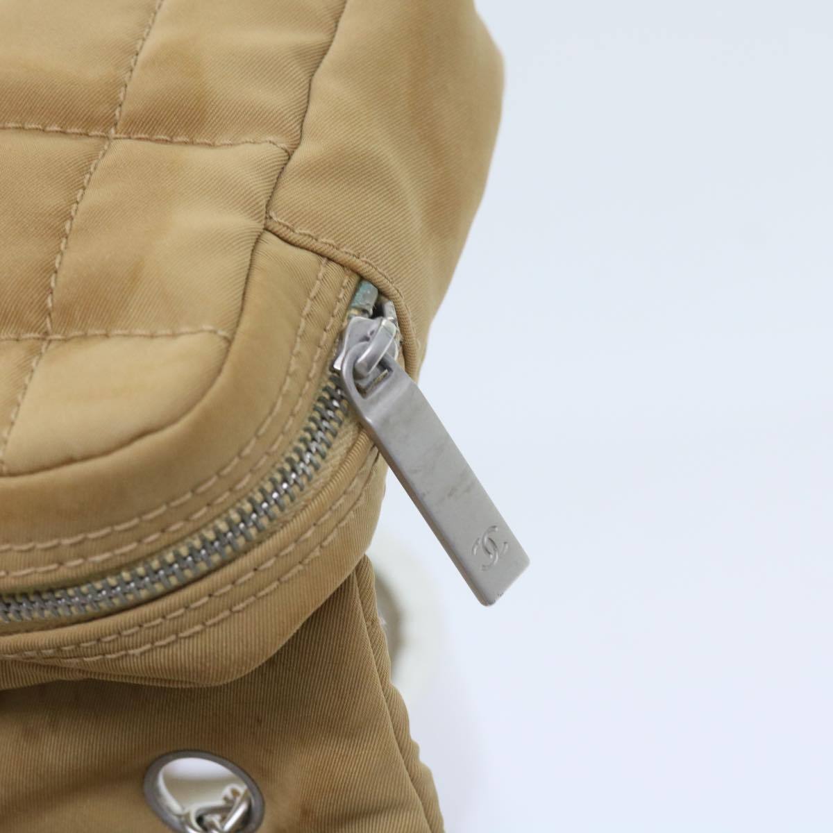 CHANEL Choco Bar Chain Shoulder Bag Nylon Beige CC Auth bs9702