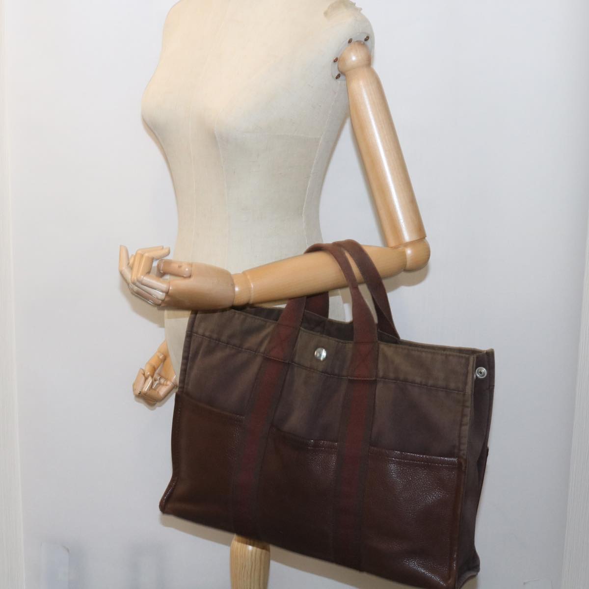 HERMES Fourre Tout MM Hand Bag Canvas Brown Auth bs9784