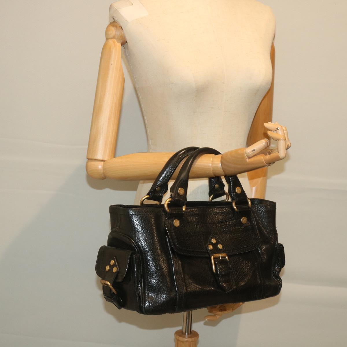CELINE Hand Bag Leather Black Auth bs9854