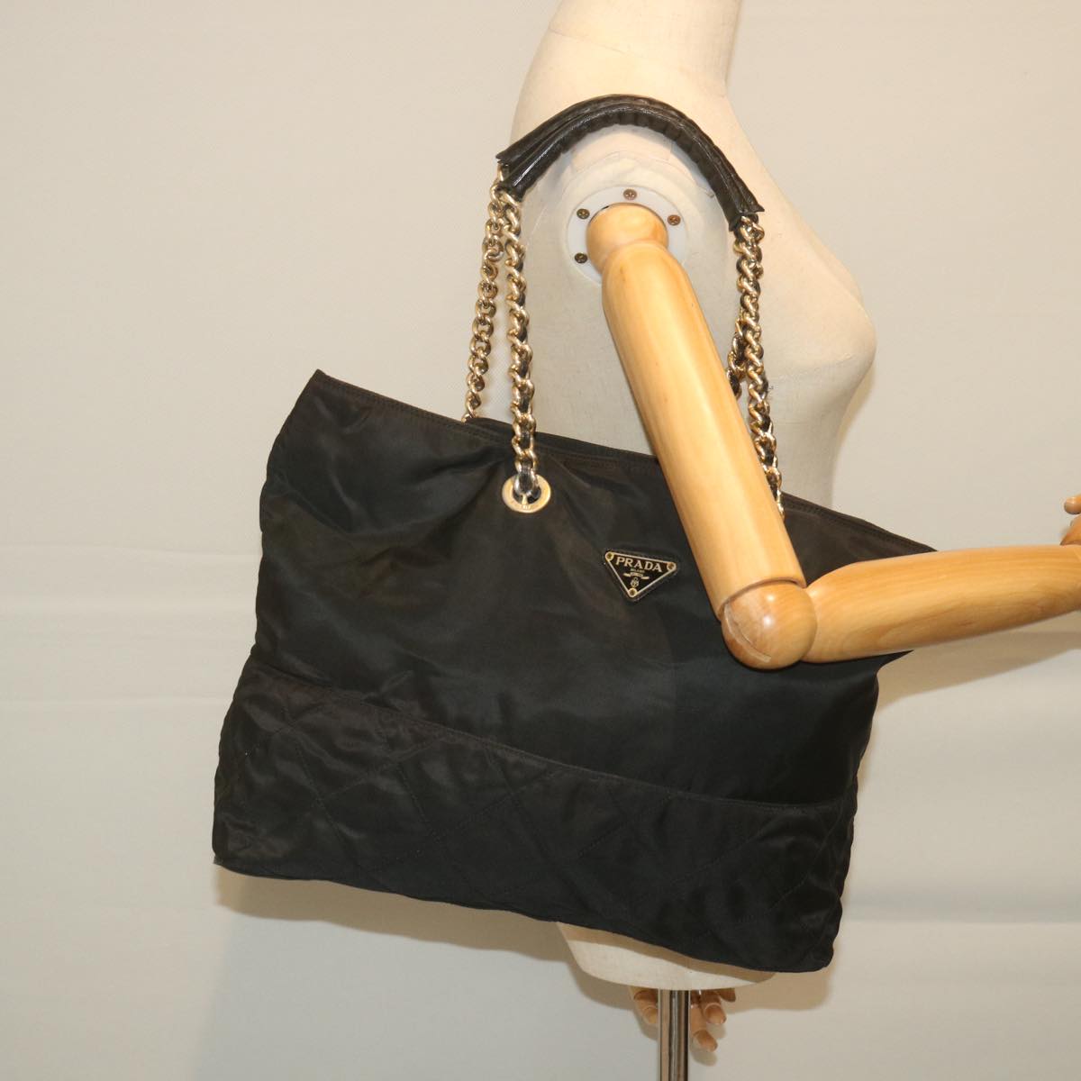 PRADA Chain Tote Bag Nylon Black Auth bs9859