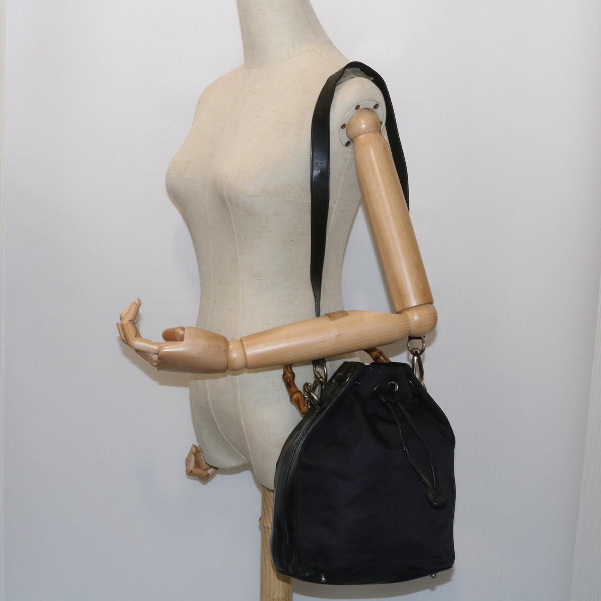 GUCCI Bamboo Shoulder Bag Nylon 2way Black Auth bs9976