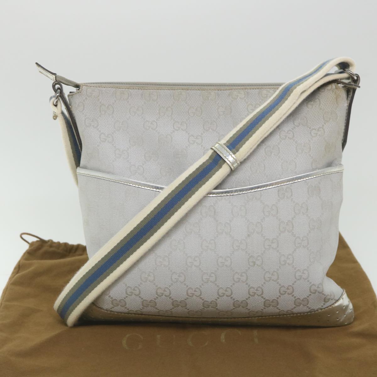 GUCCI GG Canvas Shoulder Bag Canvas Silver Auth bs9991