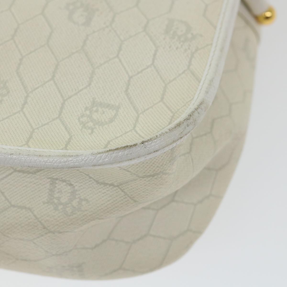 Christian Dior Honeycomb Canvas Shoulder Bag Leather White Auth bs9992