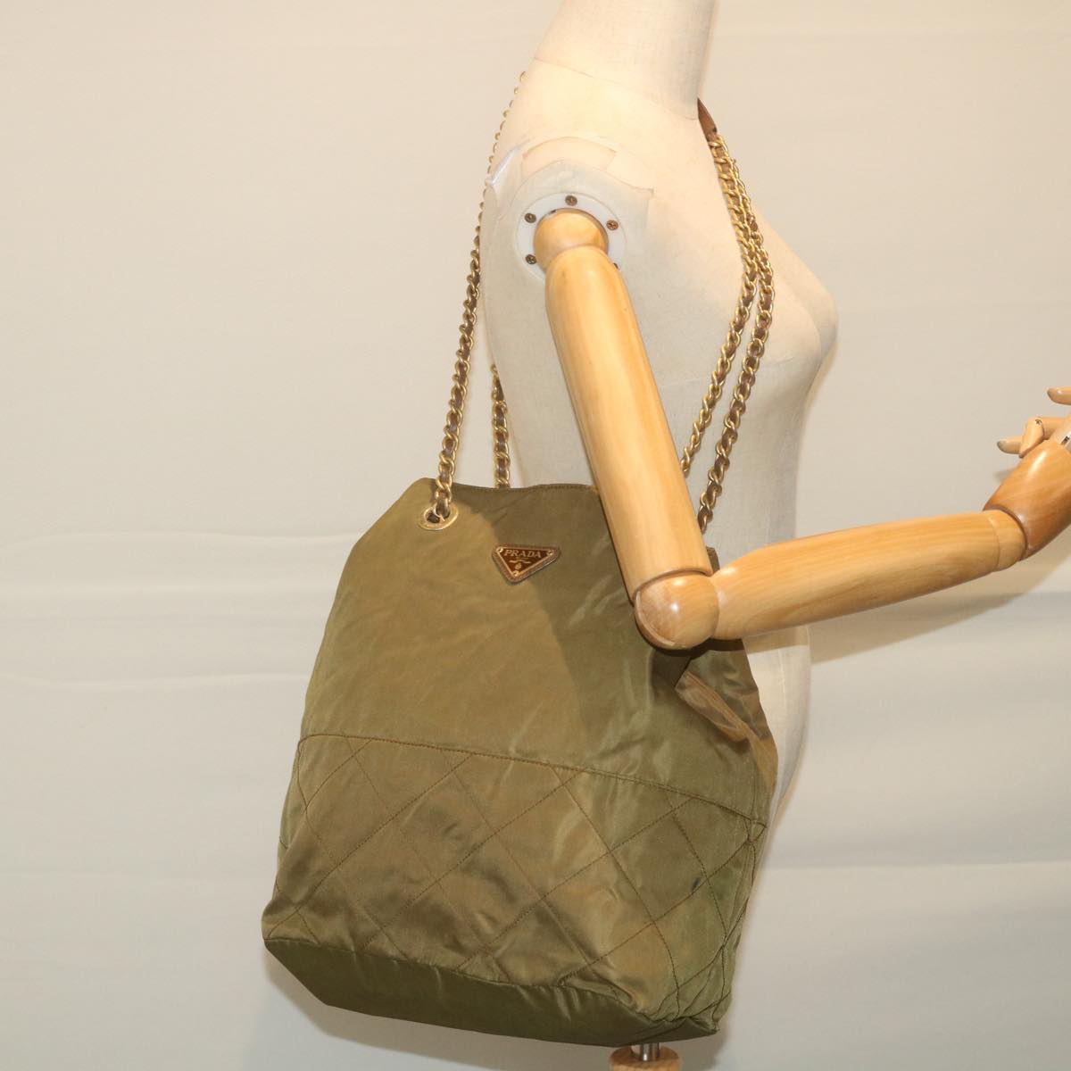PRADA Chain Shoulder Bag Nylon Khaki Auth bs9995