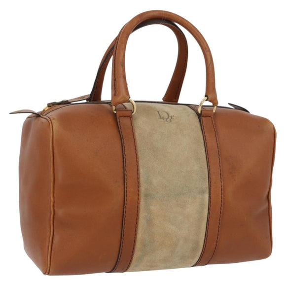Christian Dior Hand Bag Suede Leather Brown Gold Auth BSZ024