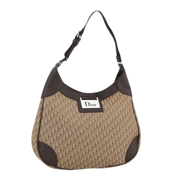 Christian Dior Trotter Canvas Schoudertas Beige Zilver Auth BSZ033SAV