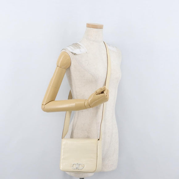 Salvatore Ferragamo Gancini Shoulder Bag Embossed leather White Gold Auth BSZ079