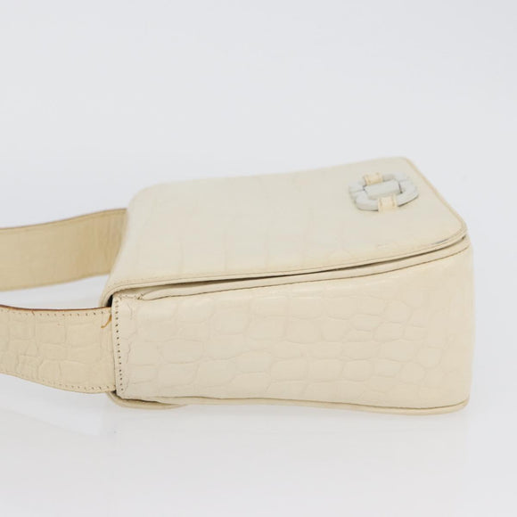 Salvatore Ferragamo Gancini Shoulder Bag Embossed leather White Gold Auth BSZ079