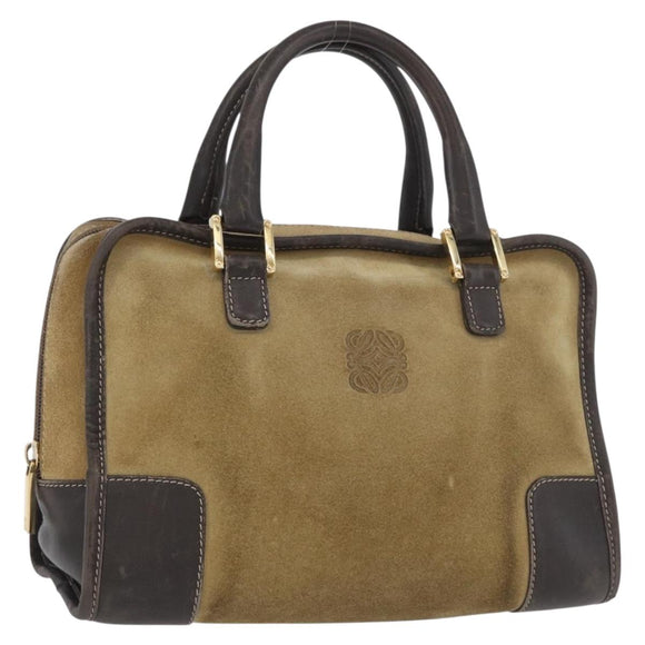 LOEWE Anagram Americana 28 Hand Bag Suede Leather Beige Gold Auth BSZ081