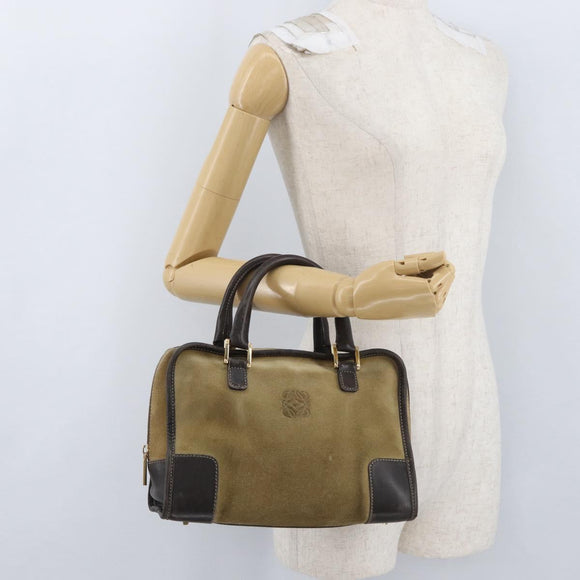 LOEWE Anagram Americana 28 Hand Bag Suede Leather Beige Gold Auth BSZ081