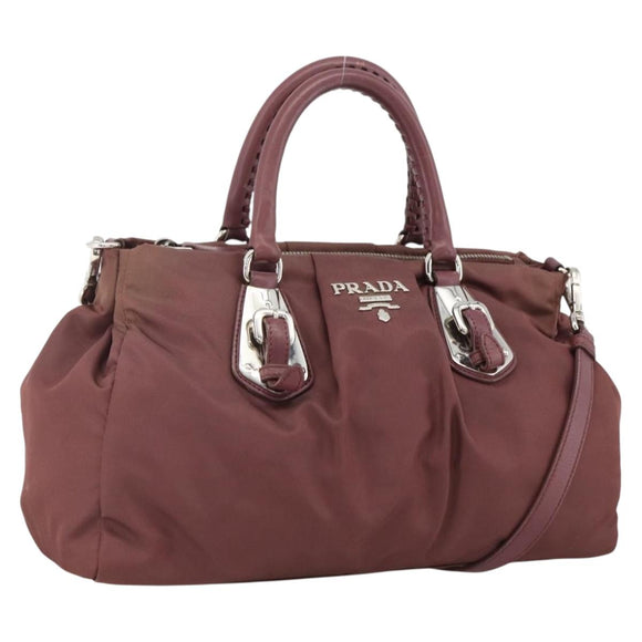 PRADA Hand Bag Nylon 2way Bordeaux Silver Auth BSZ102A