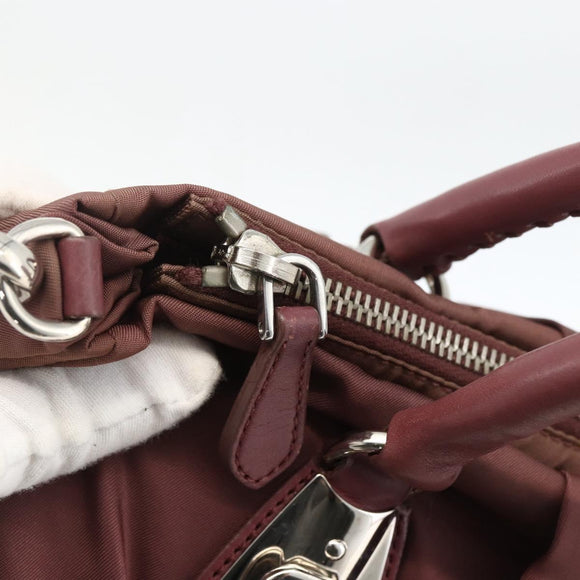 PRADA Hand Bag Nylon 2way Bordeaux Silver Auth BSZ102A