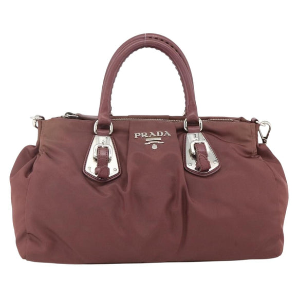 PRADA Hand Bag Nylon 2way Bordeaux Silver Auth BSZ102A