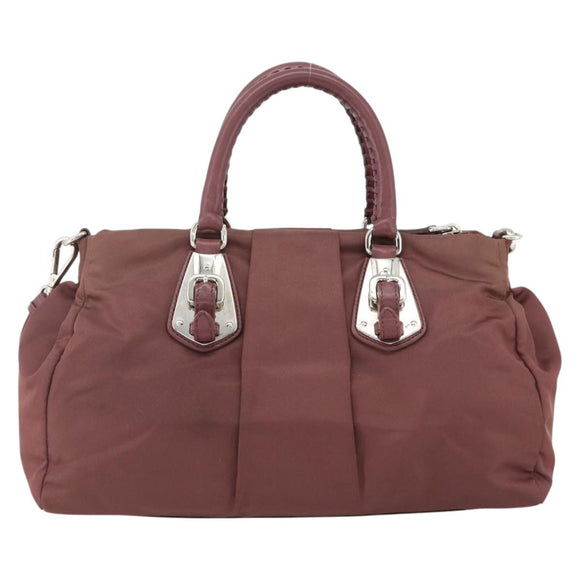 PRADA Hand Bag Nylon 2way Bordeaux Silver Auth BSZ102A