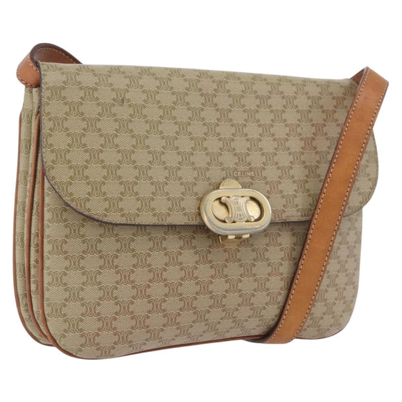 CELINE Macadam Canvas Shoulder Bag PVC Beige Gold Auth BSZ103