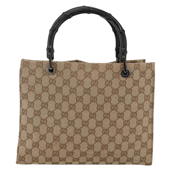 GUCCI GG Canvas Bamboo Hand Bag Nylon Beige Silver 002 1016 Auth BSZ113