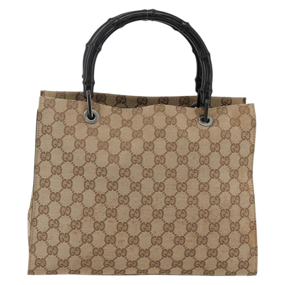 GUCCI GG Canvas Bamboo Hand Bag Nylon Beige Silver 002 1016 Auth BSZ113