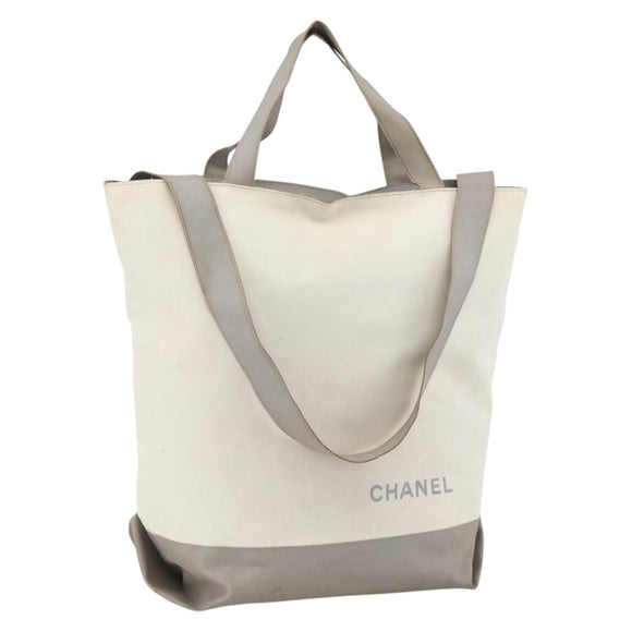 CHANEL Tote Bag Nylon White Silver CC Auth BSZ118