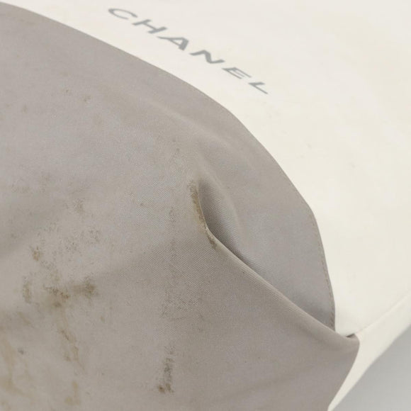 CHANEL Tote Bag Nylon White Silver CC Auth BSZ118