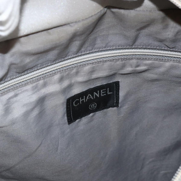 CHANEL Tote Bag Nylon White Silver CC Auth BSZ118