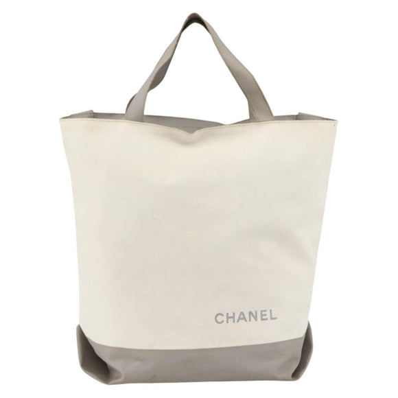 CHANEL Tote Bag Nylon White Silver CC Auth BSZ118