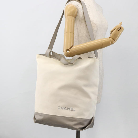 CHANEL Tote Bag Nylon White Silver CC Auth BSZ118