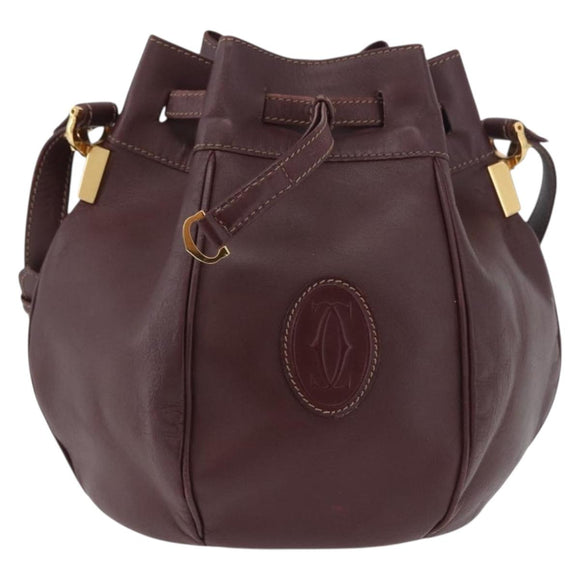 CARTIER Must Line Purse Shoulder Bag Leather Bordeaux Gold Auth BSZ197