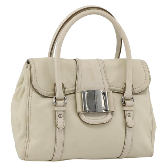 Salvatore Ferragamo Hand Bag Leather White Silver Auth BSZ241