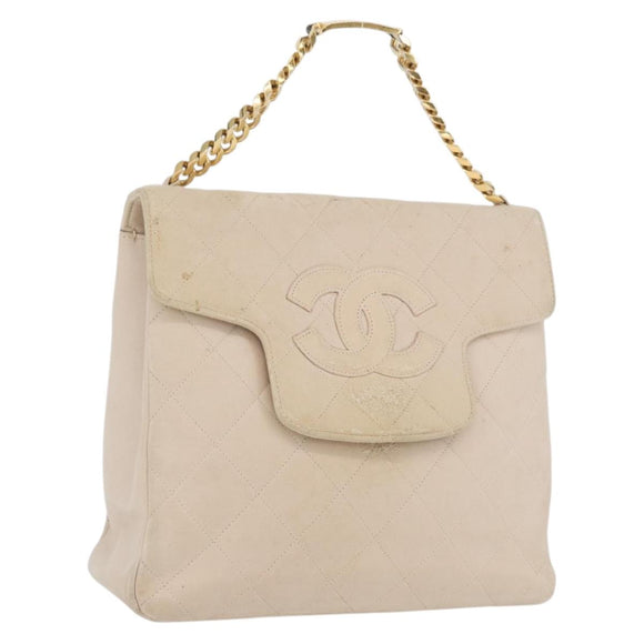 CHANEL Matelasse Chain Hand Bag Lamb Skin Beige Gold CC Auth BSZ256
