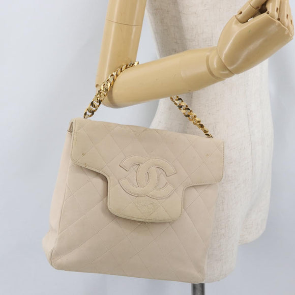 CHANEL Matelasse Chain Hand Bag Lamb Skin Beige Gold CC Auth BSZ256