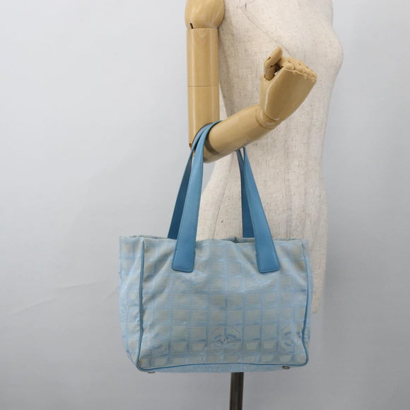 CHANEL New Travel Line Hand Bag Nylon Light Blue Silver CC Auth BSZ263