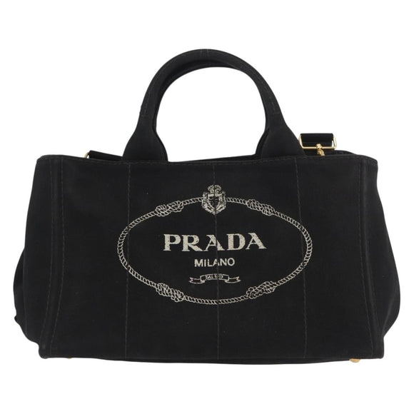 PRADA Canapa GM Handtas Denim 2way Zwart Goud Auth BSZ264