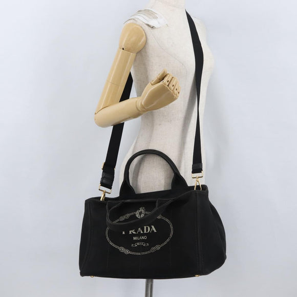 PRADA Canapa GM Handtas Denim 2way Zwart Goud Auth BSZ264