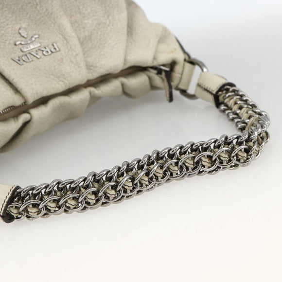 PRADA Chain Hand Bag Leather White Silver Auth BSZ318V