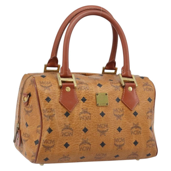 MCM Vicetos Logogram Handtasche PVC Leder Braun Gold Auth BSZ338