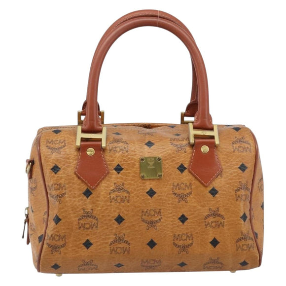 MCM Vicetos Logogram Handtasche PVC Leder Braun Gold Auth BSZ338