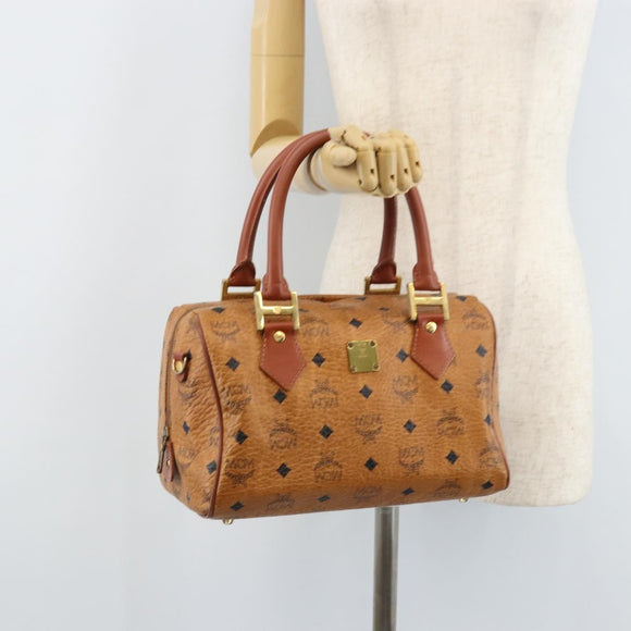 MCM Vicetos Logogram Handtasche PVC Leder Braun Gold Auth BSZ338