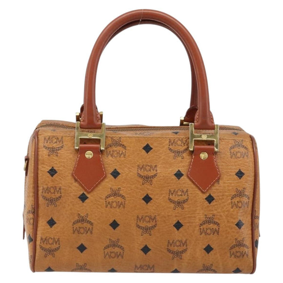 MCM Vicetos Logogram Handtasche PVC Leder Braun Gold Auth BSZ338