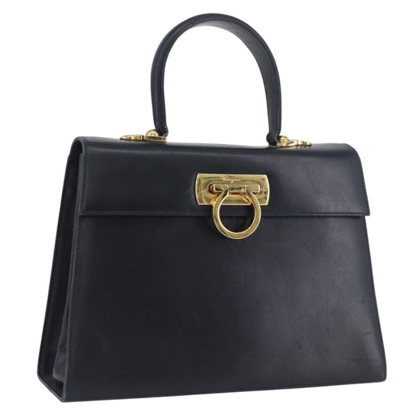 Salvatore Ferragamo Gancini Hand Bag Leather Navy Gold Auth BSZ342