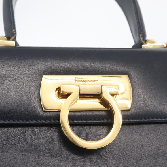 Salvatore Ferragamo Gancini Hand Bag Leather Navy Gold Auth BSZ342